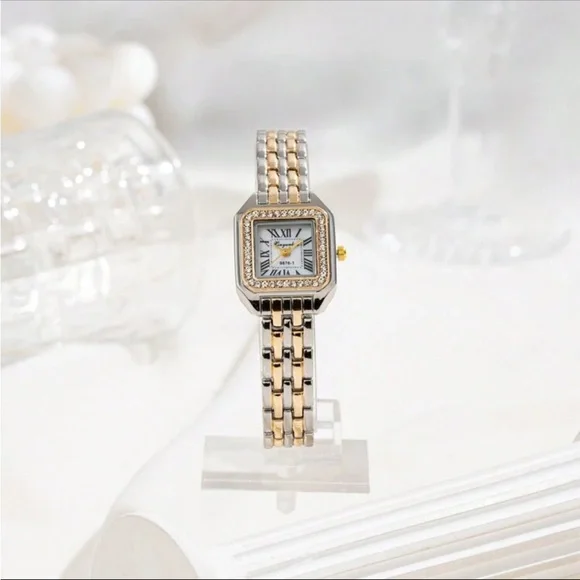 Luxurious Two Tone Chain Diamond Square Face Wrist Watch OS New - Picture 3 of 3